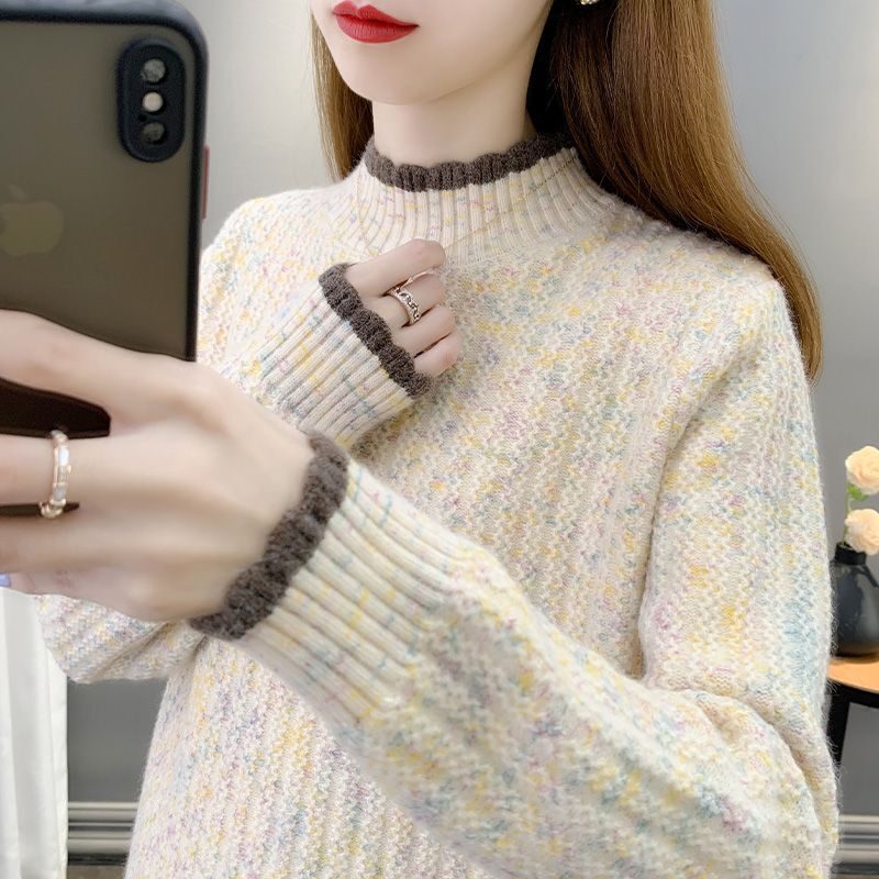 Fleece-Lined Thickened Half-Turtleneck Base Shirt for Women, Stylish Autumn and Winter 2026 New Loose Versatile Sweater Knitwear