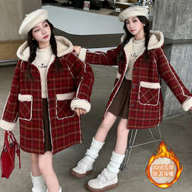 女童毛呢大衣2025秋冬季新款加绒加厚中大童呢子外套儿童格子棉衣