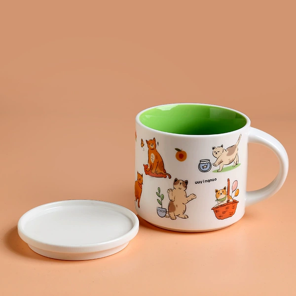Cute cat green cup+lid