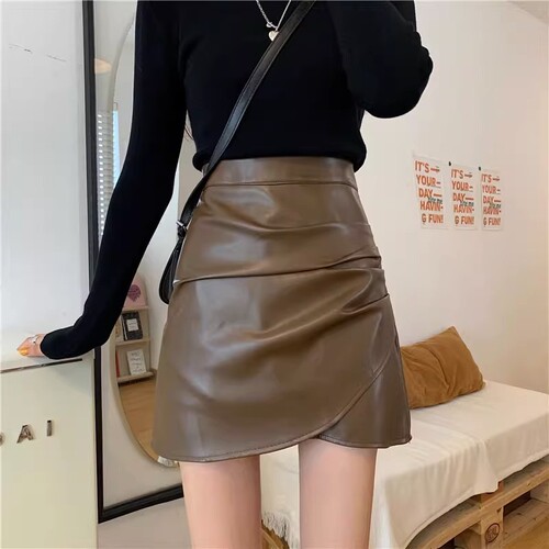 Black small leather skirt for women's autumn and winter new high-waisted anti-exposure skirt large size pleated irregular a-line short skirt