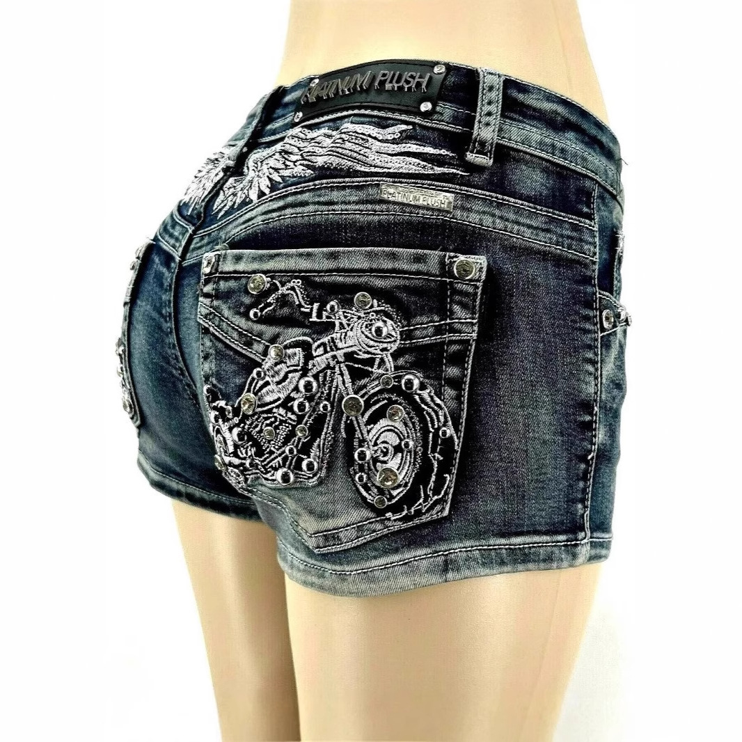 Y2K Rhinestone Embroidered Denim Shorts – High Waist Stretch Women's Hot Pants (S-2XL, Multi-Color)_mkmklike.com