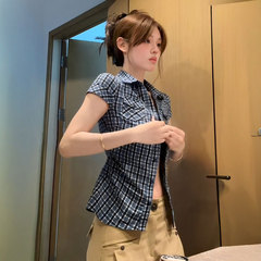 アメリカンレトロなコントラストチェック柄半袖シャツ、女性用、夏に超見栄えの良い、甘くてスパイシーなスタイル、スリムで多用途なトップス、トレンディです。