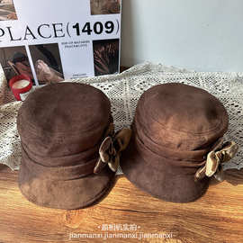 复古棕色毛呢丝绒花朵帽子可拆卸丝绒花平顶帽显脸小古早马术帽