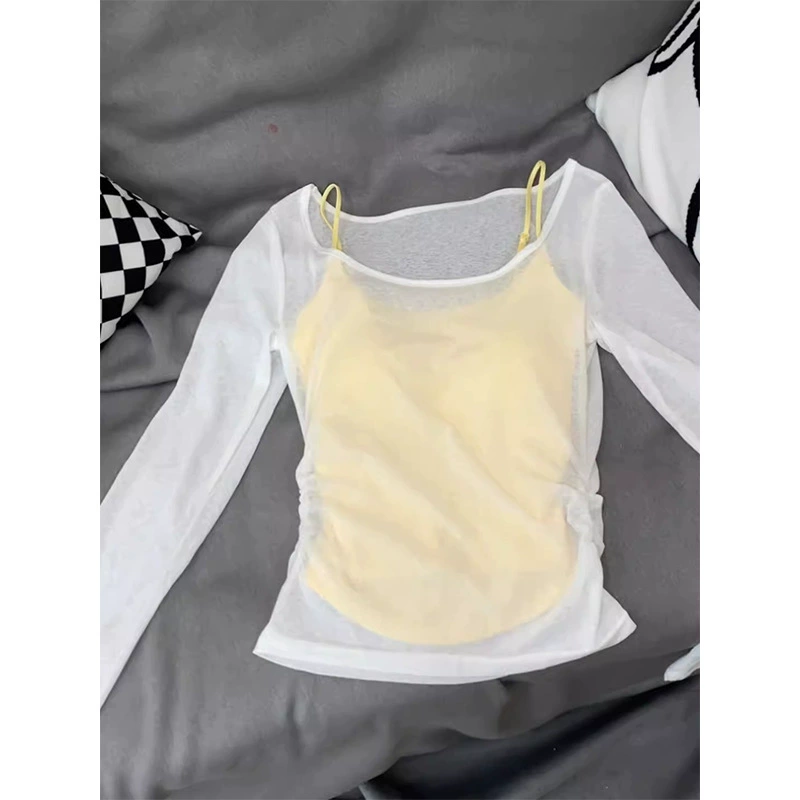 Женский летний комплект блузок кремово-желтого цвета в нежном стиле с милой тонкой футболкой с защитой от солнца, облегающей талию.