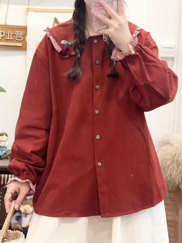 森系文艺小清新娃娃领百搭衬衫秋季新款小个子小众泡泡袖长袖衬衣|undefined