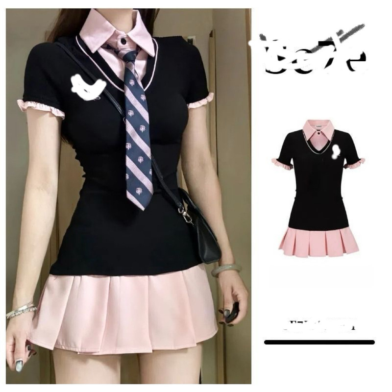 2025 Hot Girl Polo Splicing Summer Dress College New Slimming Look Two-Piece Shirt Short Skirt Waist 2025 Hot Girl Polo Splicing Summer Dress College New Slimming Look Two-Piece Shirt Short Skirt Waist