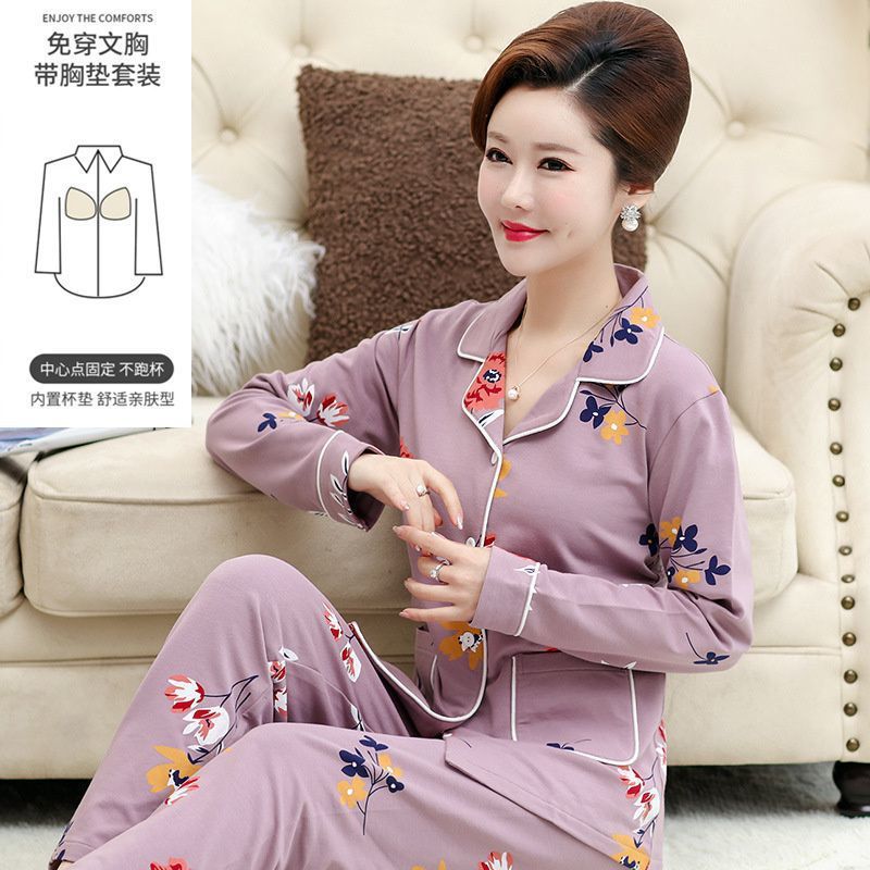 Pijama con cojín de pecho para mujeres primavera y otoño mangas largas 2023 nuevo conjunto de ropa de casa de otoño para mujeres