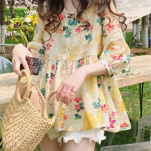 Baby dress top Korean style loose commuting sweet stylish floral high-end ramie fluffy small shirt short sleeve collarless top