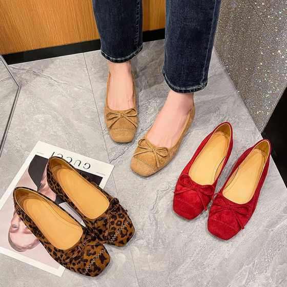 1206-6 Wide Fat Feet plus size Women's Shoes Brown Suede Bow Lazy Leopard Print Pedal Doug Shoes