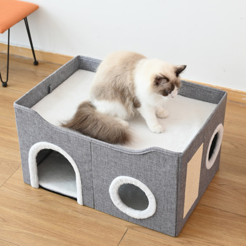 Amazon Double Layer Cat Bed Winter Warmth Foldable Semi-Closed Cat House Cat Scratching Board Winter Cat Villa