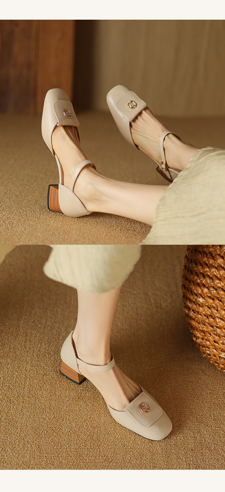 Sandal nữ quai ngang mũi bao da cừu cao cấp, gót vuông ổn định — Màu trắng be chi tiết 9