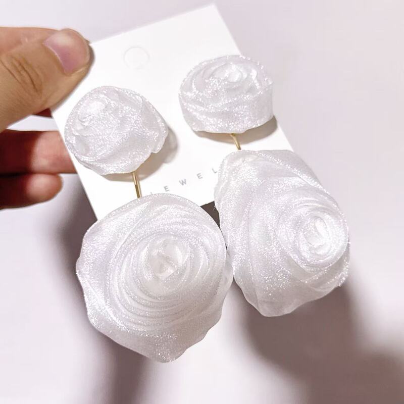新款紫色网纱玫瑰花朵耳环 手工上下几何花卉耳坠雪纺花瓣耳饰|undefined