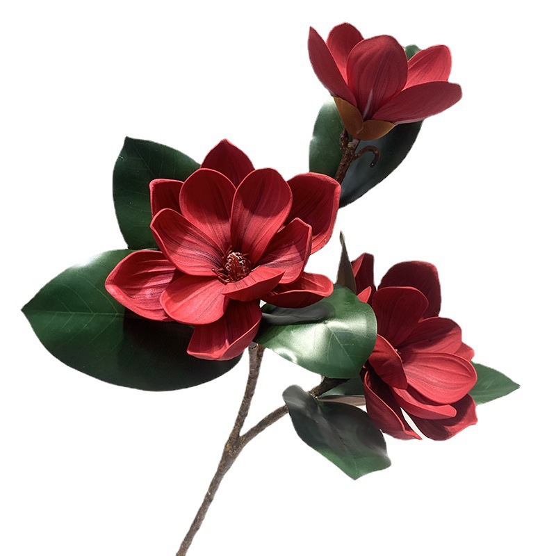 Simulación de flores magnolia sensación de mano 3D de alta calidad con hojas de simulación 3 cabezas magnolia decoración de la sala de estar de boda del hotel