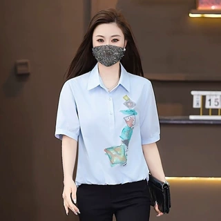 时尚新款衬衣短袖印花小衫洋气翻领上衣女2026年夏季新品百搭衬衫