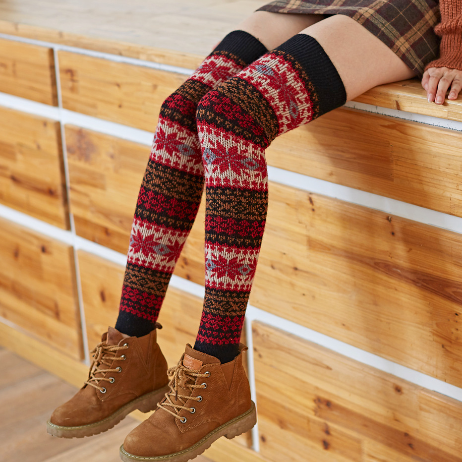 Autumn and winter warm over-the-knee stockings high socks rabbit wool snowflake pile socks boot covers colorful leggings for women
