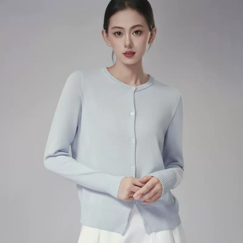 2025新款女装精梳棉混纺圆领开衫长袖针织衫秋冬内搭外穿毛衣外套