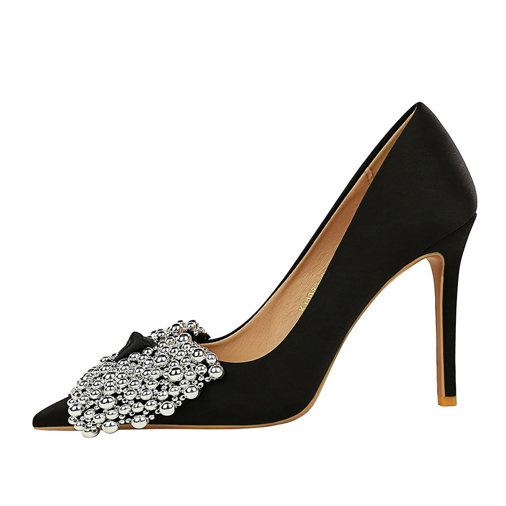 1983-H60 Korean Style Elegant Bowknot Thin Super Satin Light Luxury Pointed Toe Shallow Mouth High Heel Single Shoes_vogvips.com
