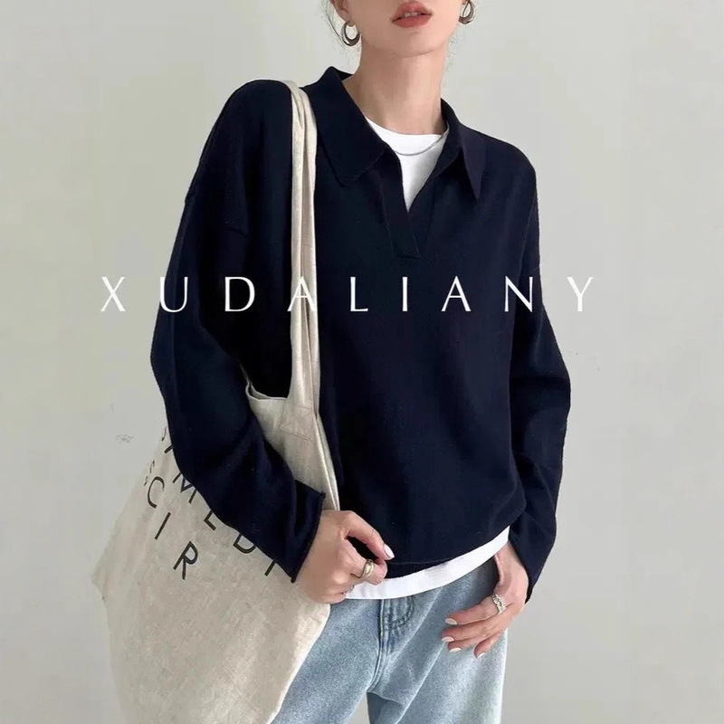 M1U Old Money Style Polo Knitwear Spring & Fall Australian Wool Long-Sleeved Loose Knitwear for Women