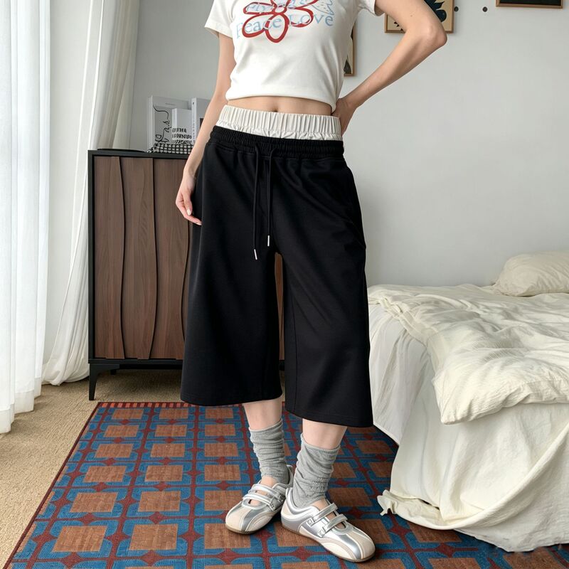 Black wide-leg casual pants for women, 2026 summer thin style, plus size, high-waisted, loose fit, designed for plus-size women, with contrasting colors, cropped length