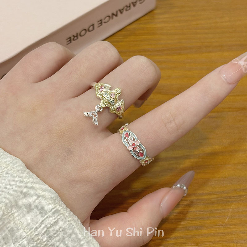 フランス宮殿スタイルのエナメル花オーキッドリングライト高級ハイエンドカラフルなオイルドロップフラワーオープンリング女性用|undefined