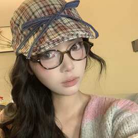 芭蕾风少女甜美蝴蝶结系带格子前进帽日系可爱复古休闲百搭贝雷帽