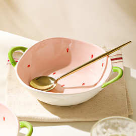 草莓陶瓷双耳碗汤碗家用2024新款高颜值特别好看的大碗水果沙拉碗