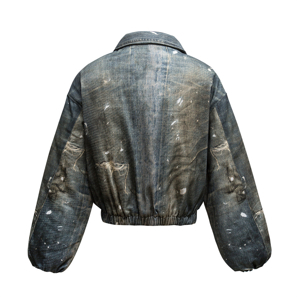 Men's Distressed Denim Jacket With 3D Digital Print & Chain Detail - Thickened Cotton Winter Coat For Streetwear Fashion (Sizes M/L/XL)_voghion.com