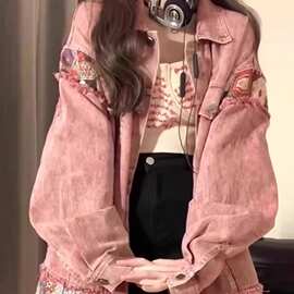 大码美式复古拼接牛仔外套女春秋设计感小众休闲百搭工装夹克上衣