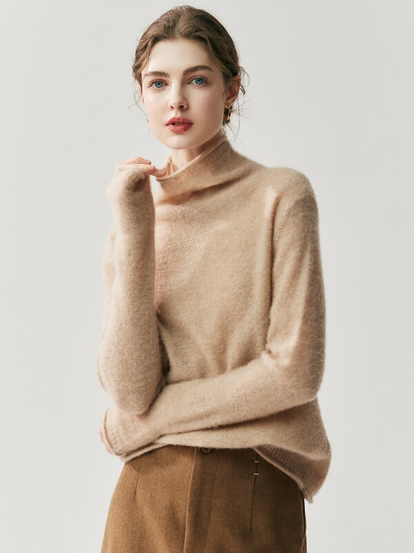Herbalife Yarn 75% Cashmere 25% Mulberry Silk High-Neck Cashmere Sweater for Women, Soft and Long-Sleeved Knit Sweater