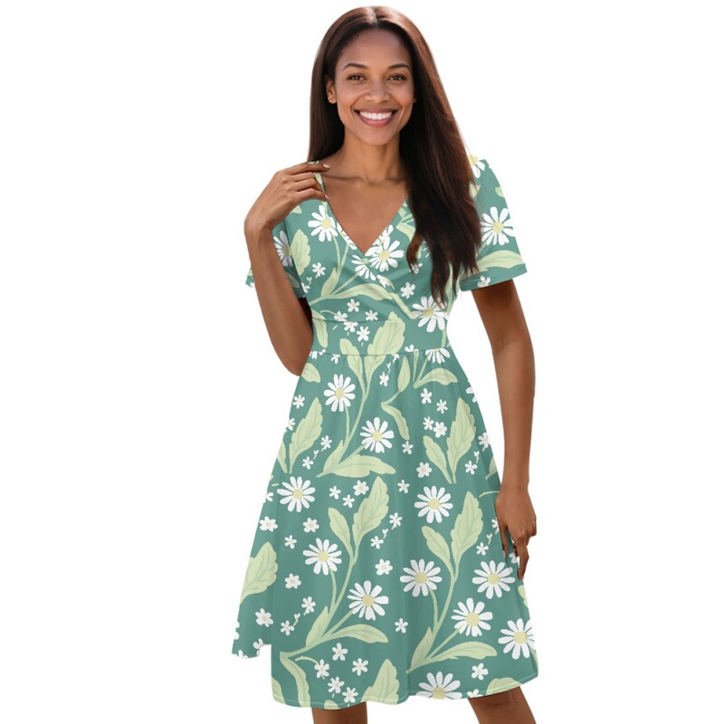 Spring and Summer Elegant Waist-Cinching Dress for Women with Daisy Print, Slim Fit, Suitable for Shopping, Parties, and Vacations
