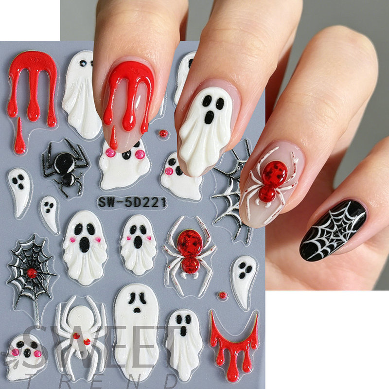 Ins Cross-Border Halloween New Nail Art Stickers 5D Embossed Blood Drop Skull Spider Web Pumpkin Nail Decals Ins Cross-Border Halloween New Nail Art Stickers 5D Embossed Blood Drop Skull Spider Web Pumpkin Nail Decals