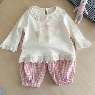婴幼儿卡通贴标裤子2026春季新款 a类韩系女宝格子束脚裤夏薄款
