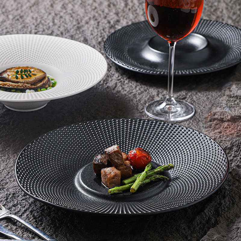 Hotel Personality Frosted Ceramic Western Food Tableware Ceramic Bowl and Plate Combination Simple Solid Color Bead Point Business Western Food Plate Hotel Personality Frosted Ceramic Western Food Tableware Ceramic Bowl and Plate Combination Simple Solid Color Bead Point Business Western Food Plate