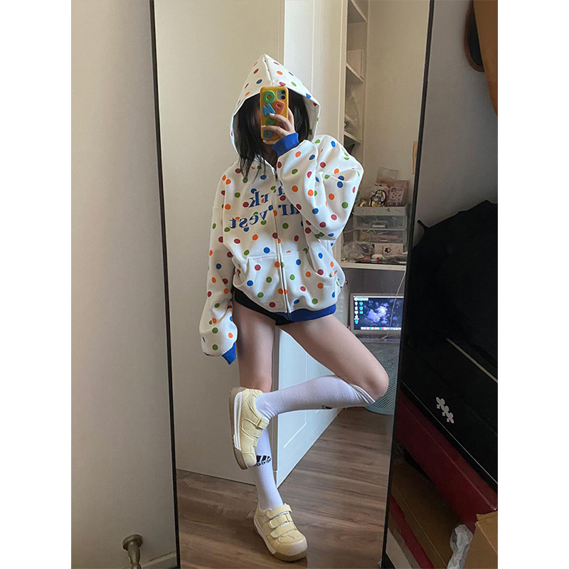 美式高街彩虹波点字母刺绣连帽卫衣女秋季新款设计感小众开衫外套|undefined