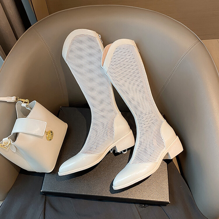 Boot nữ cổ cao da thật đế thô gót vuông ống lưới rỗng dây kéo sau — Màu nâu ống lớn, Ống nhỏ màu đen, Ống nhỏ màu nâu, Ống nhỏ màu trắng Be chi tiết 13