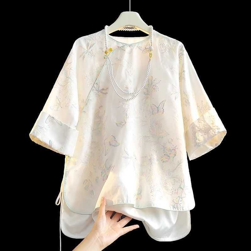 夏の女性のための白い新しい中国風の刺繍シャツ、超見栄えの良い、シックなレトロなラウンドネックボタン付きの軽い中国風のトップ|undefined