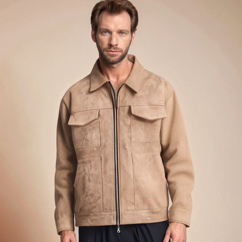 European Premium Men's Jacket European and American Street Fashion Men's Deerskin Velvet Large Flap Pocket Pants Zipper Jacket