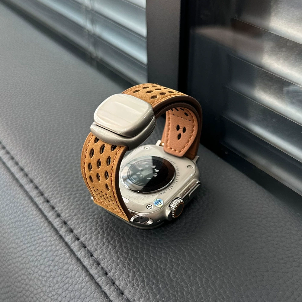 Ремешок для Apple iWatch S10 с отверстием в стиле сычуаньского иероглифа, S11 с узором «безумный конь», натуральная кожа, ультрамагнитная застёжка, дышащий