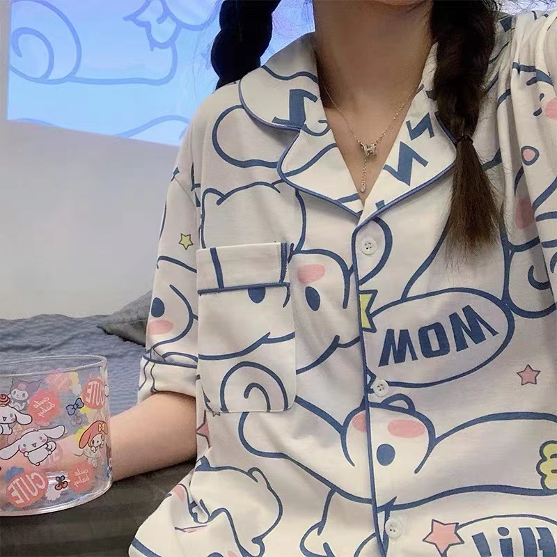 Corea del Sur al aire libre negro Mickey cardigan pijamas mujeres verano ins estilo manga corta de dos piezas traje de desgaste para el hogar