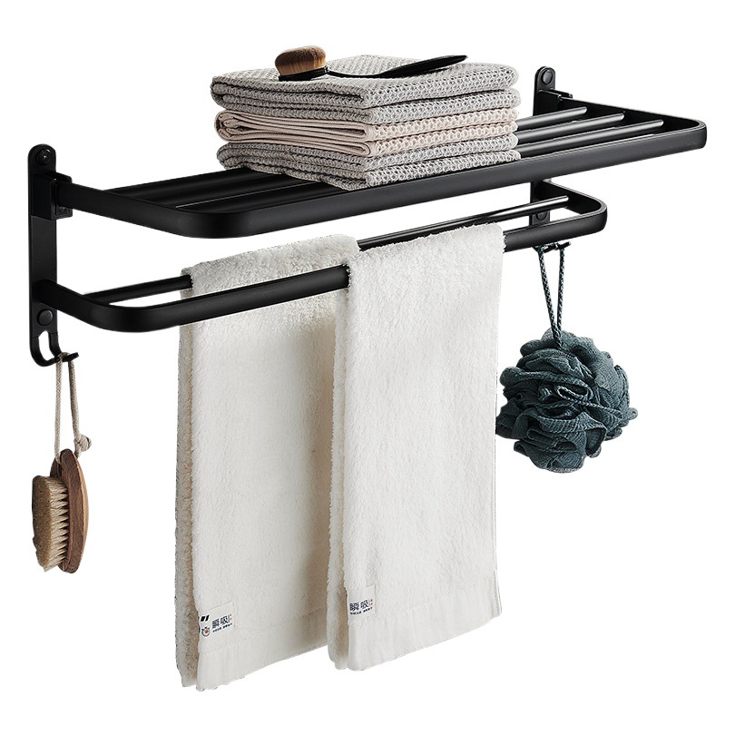 Bathroom Towel Rack Without Punching Space Aluminum Bathroom Storage Rack Black Double-Layer Towel Rack Hardware Pendant Set