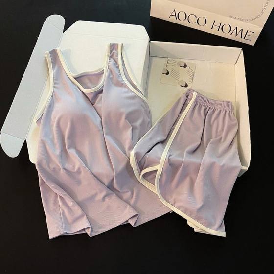 New Pajamas Women's Summer with Chest Pad High-grade Black Bow Pure Vest Shorts Student Home Clothes suit