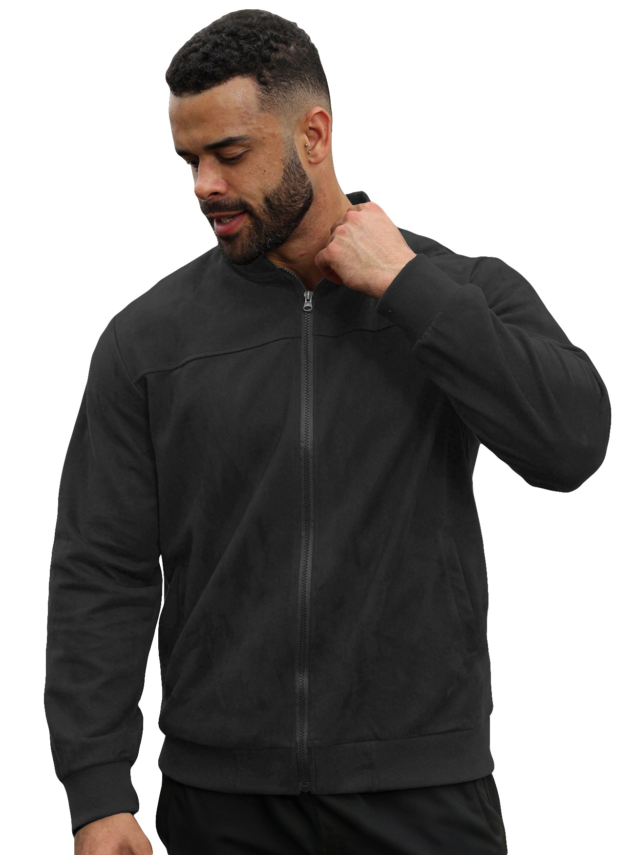 Chaqueta de aviador de gamuza para hombre, estilo europeo y americano, para otoño, color sólido, con cremallera, estilo retro americano, de manga larga.
