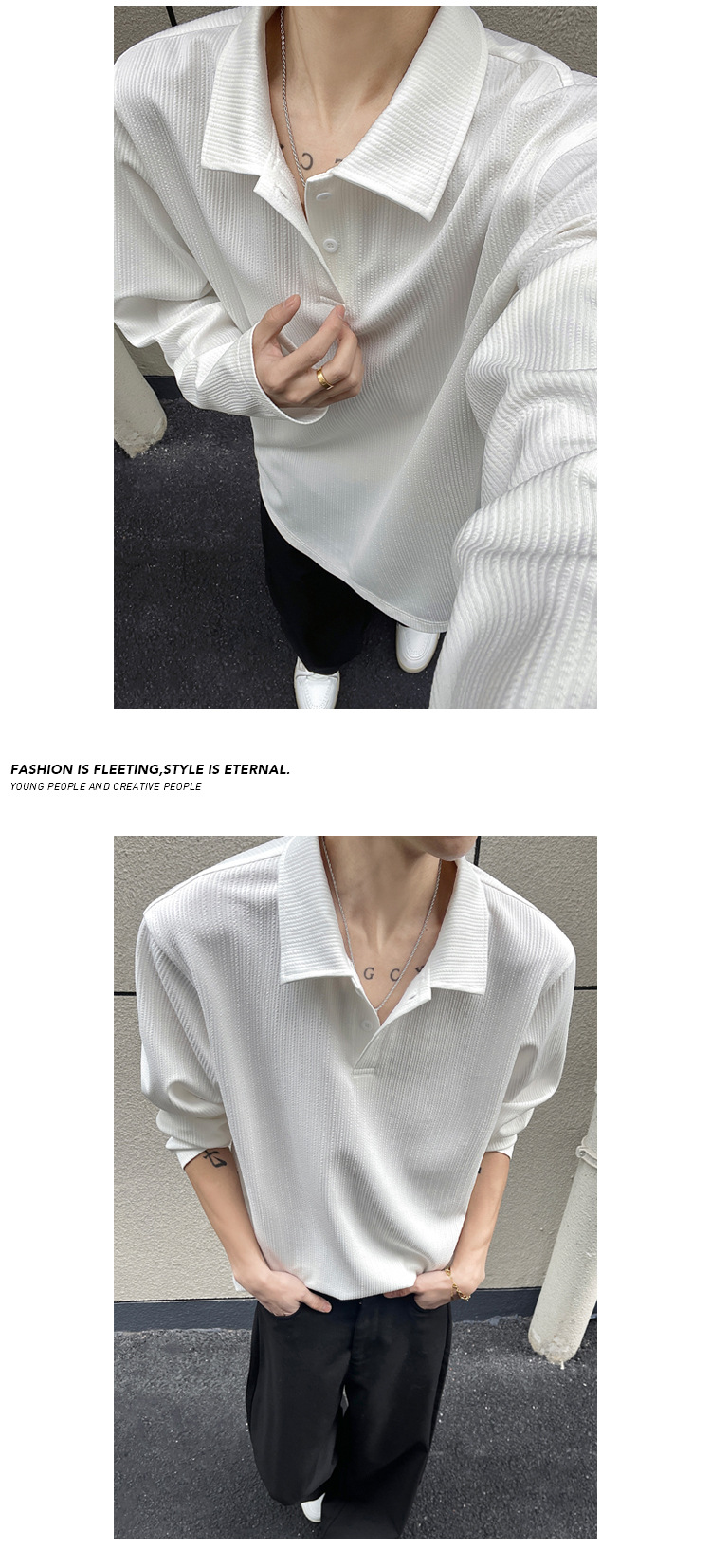 Men's Wrinkled Texture Long-sleeved Polo Shirt Solid Colour Base_voghion.com