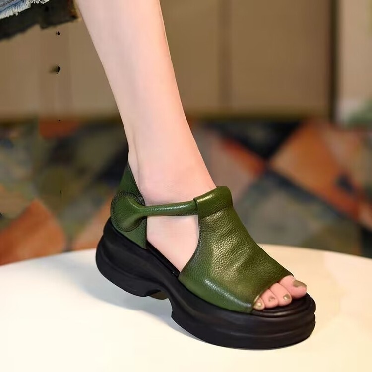 Real Soft Leather Rome 2025 Summer New Style Wedge Heel Thick Sole Soft Ethnic Style Retro Fish Mouth Platform Sandals for Women