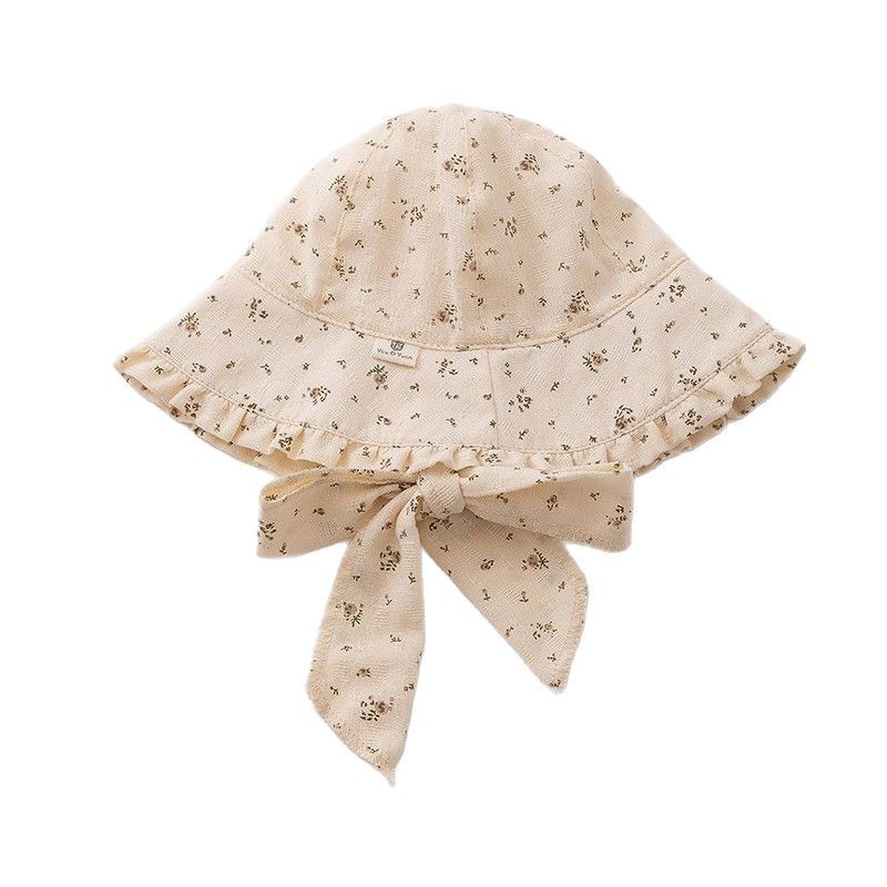 1-2 Sombrero infantil primavera y otoño delgado sombrero de pescador para bebés de estilo francés flor triturada sombrero de protección solar gran gorro