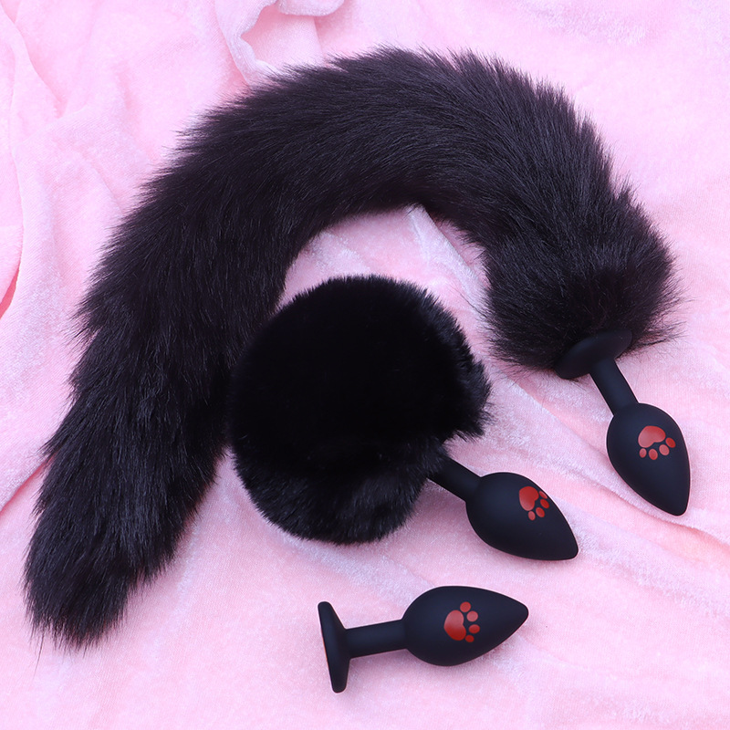 Fox Tail Anal Plug Three-Piece Set, Cat Paw Print Silicone Beads, Black — detail image 4