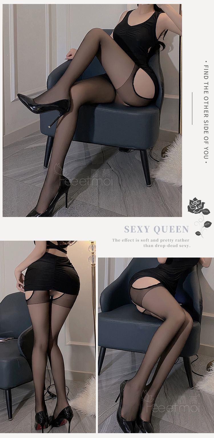 Feimu Black Silk Hand-Torn Open-Crotch Suspender Stockings for Women, Gradient Black, One Size — detail image 15
