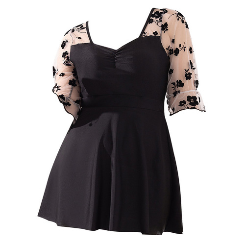  new women's swimsuit conservative large size one-piece skirt style black fat mm covering flesh internet celebrity long-sleeved hot spring swimsuit