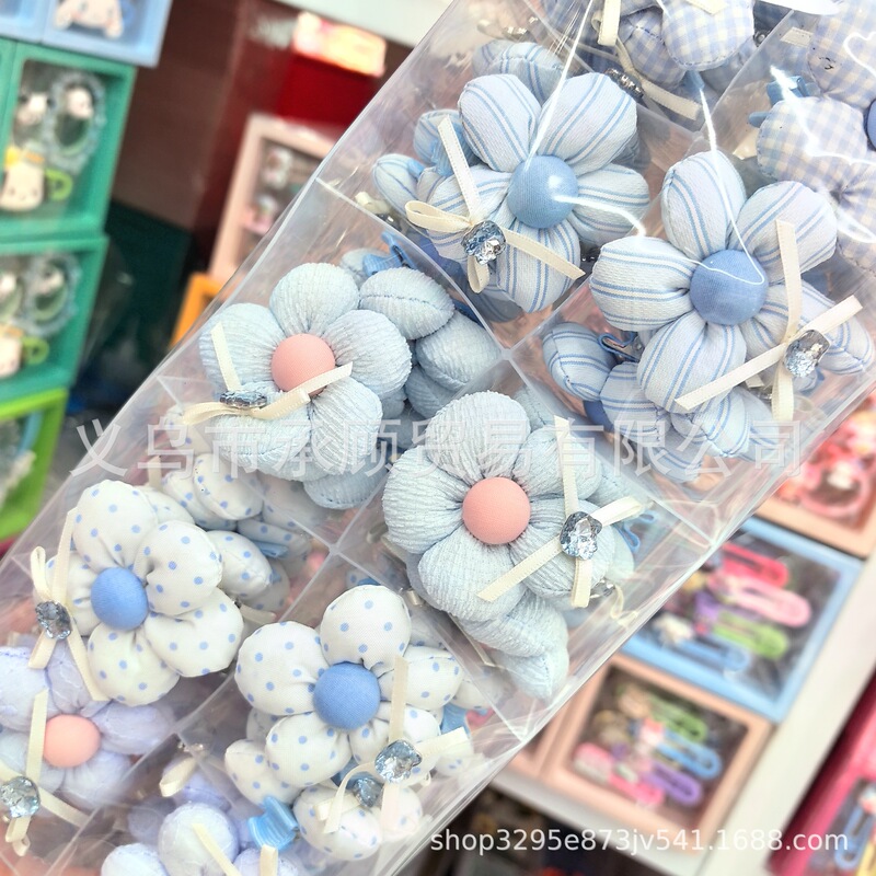 韩式闪钻蝴蝶结浅蓝色格子条纹波点布艺花朵儿童发夹可爱学生发卡|undefined