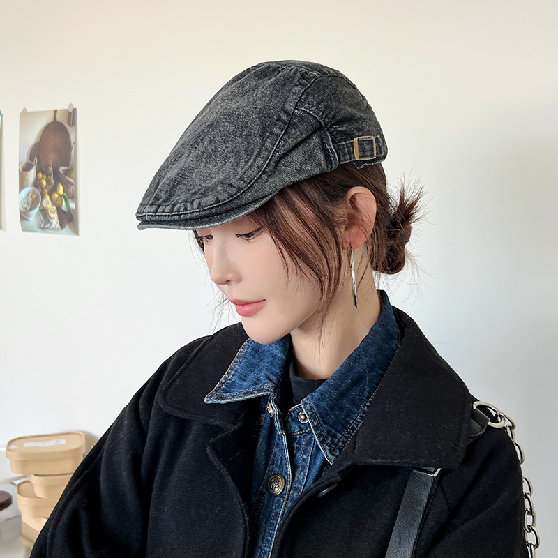 Mujeres primavera y verano muestran cara pequeña con gorra de boina de lengua de pato, gorra de vaquero coreana retro lavada con agua.